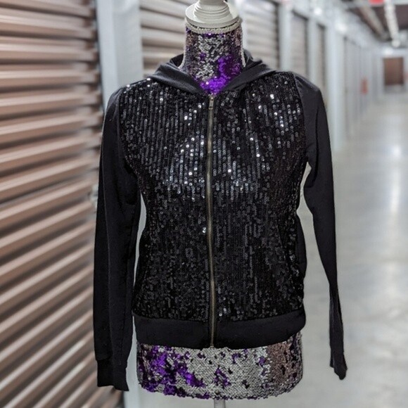 Forever 21 Black Sequins Front Zip Up Hoodie Sweater Jacket - Picture 4 of 10